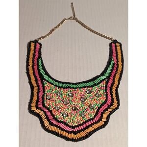 Vintage Costume Jewelry Neon Beaded Cloth Chestplate Necklace Green Pink Orange